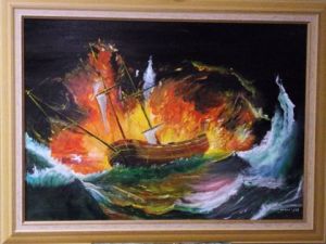 Voir le détail de cette oeuvre: goélette en feu , dans la tempète 
